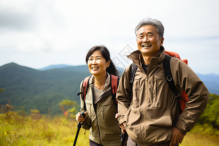 夏季老夫妇爬山锻炼图片