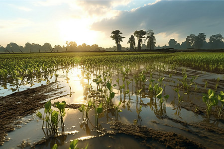 阳光明媚的水稻种植田图片