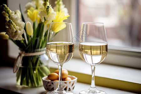 窗台上的两杯葡萄酒图片