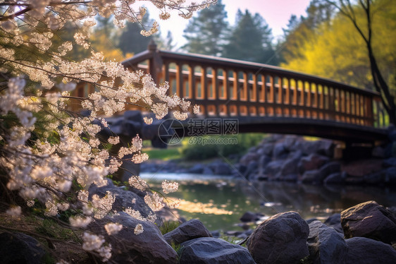户外桥梁边盛开的樱花图片