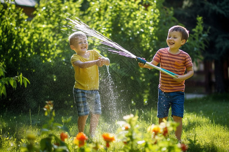 孩子在花园中玩水背景图片
