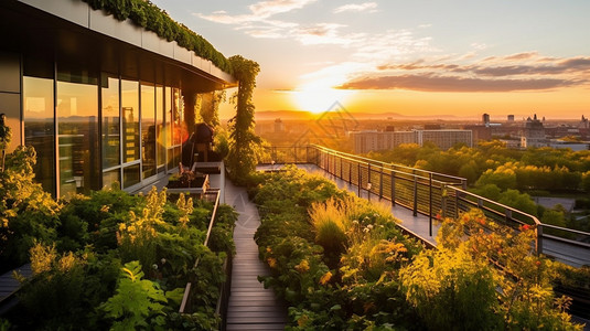木板里的植物城市里的露天屋顶花园背景