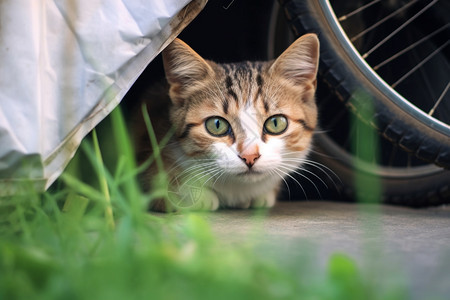 小猫躲在车子地下图片