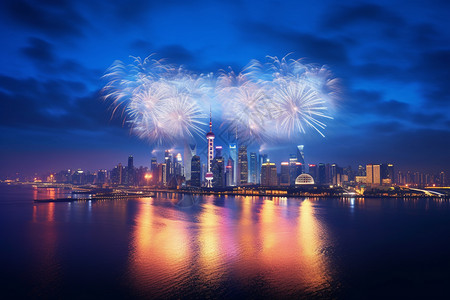 春节景色城市上空放的美丽烟花背景