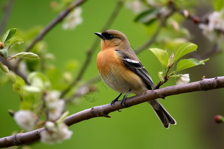 小鸟站立在开着花朵的树上图片