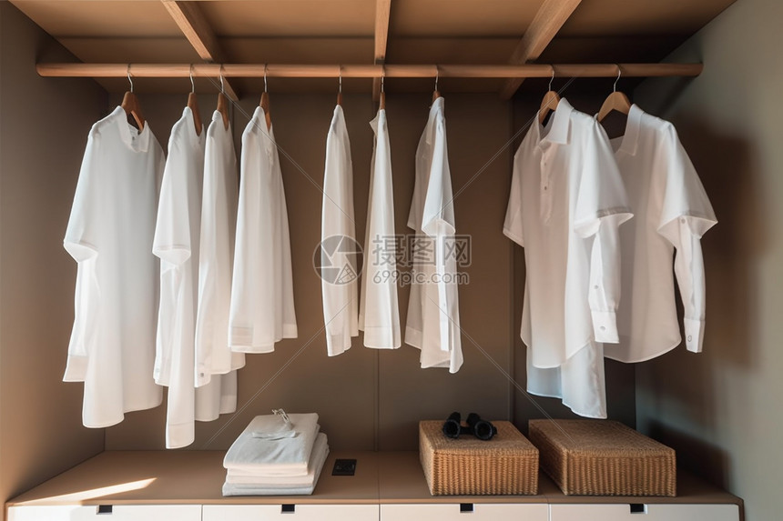白衬衫挂在现代木制衣柜里图片