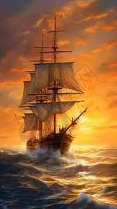 海上日出和帆船图片