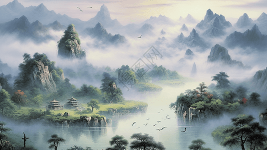 青山碧水风景画背景图片