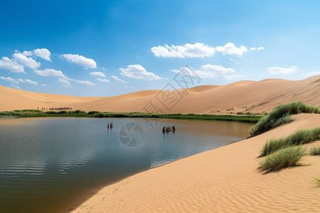 广阔的沙漠中的湖泊图片