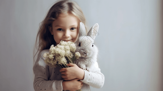 小女孩怀里的花和兔子图片