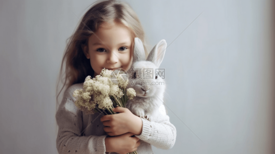 小女孩怀里的花和兔子图片
