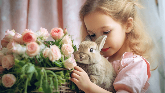 拿着花和兔子的小女孩图片