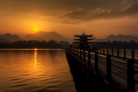 日出时药湖日落时湖面上的建筑背景