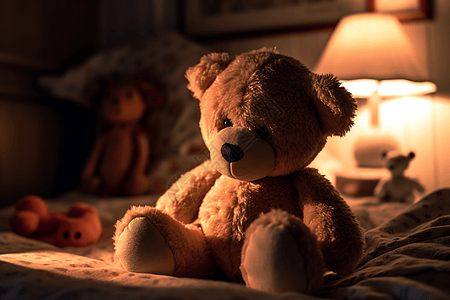 一直玩偶泰迪熊在床上坐着图片