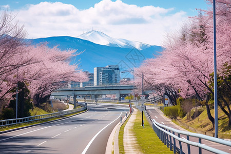 美丽的北海道樱花街道高清图片