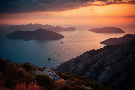 日落海岸的山脉和岛屿图片