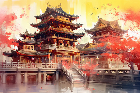 中国寺庙的彩色水彩画背景图片