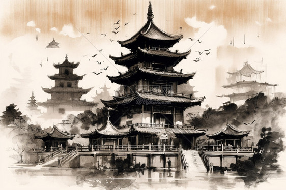 水彩中式建筑图片