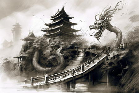一幅中国寺庙的水墨画图片