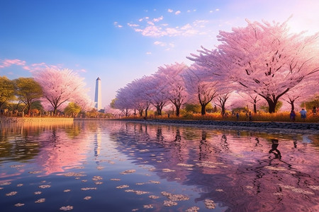 美丽河边的樱花森林景观背景图片