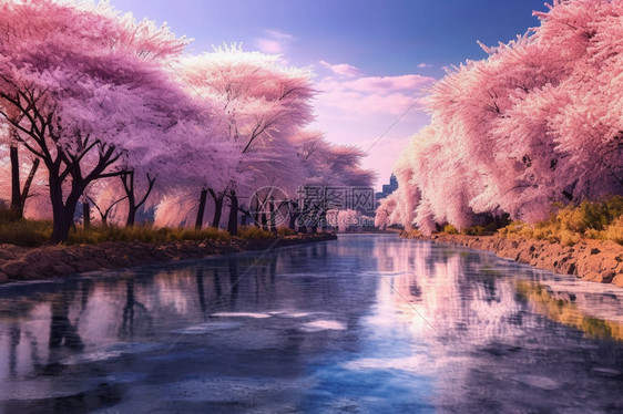 河边的樱花森林图片