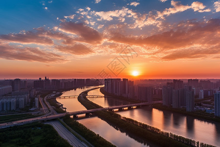 夏季日落时分的城市天际线图片