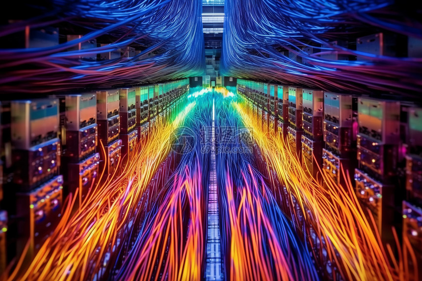 计算机中复杂的光纤布线图片