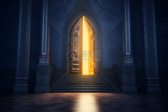 开门发光的教堂图片