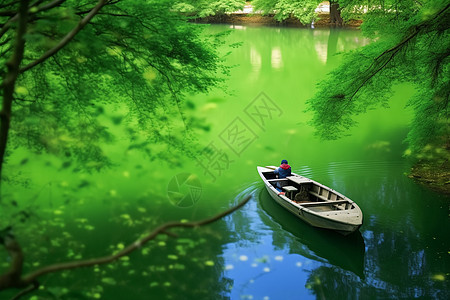 有一艘小船的池塘图片