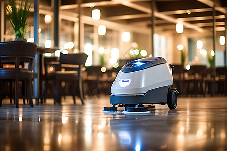 餐厅中的机器人地板清洁器高清图片