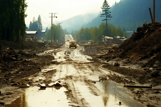 泥石流后泥泞的山路图片