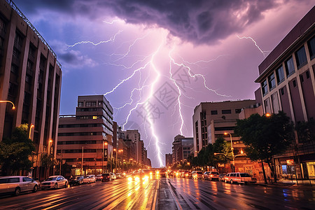 暴雨雷电下的城市风景背景