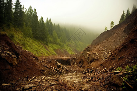 泥泞山路山体侵蚀后泥泞的山路背景