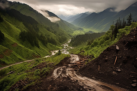 山体滑坡泥泞的山路图片