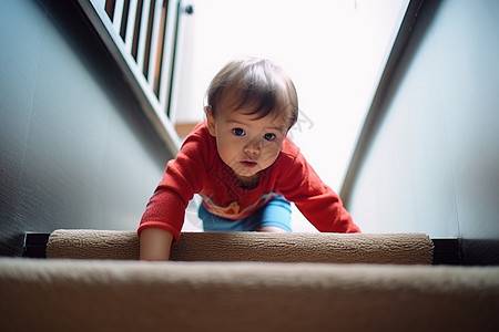 小男孩在爬楼梯高清图片