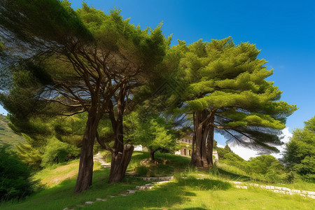 枝繁叶茂的小山丘图片