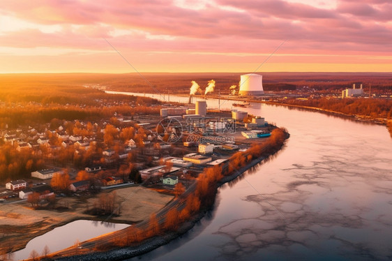 夕阳下的核电站图片