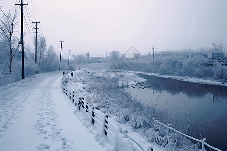 河流边堆积的雪图片