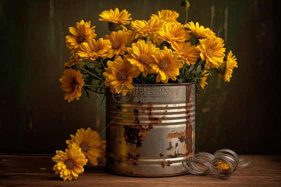 复古锡罐中的一束黄色雏菊图片