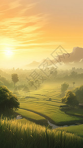 日出时广阔的稻田景观图片