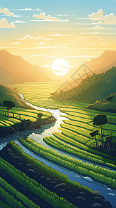 晴朗的蓝天下的稻田图片