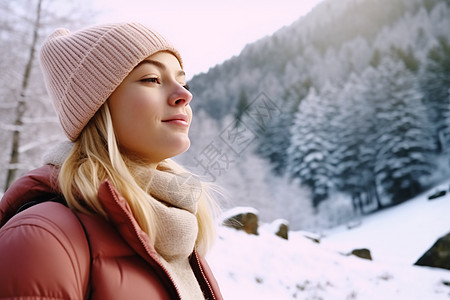 在空气中有魅力的女人在雪山背景