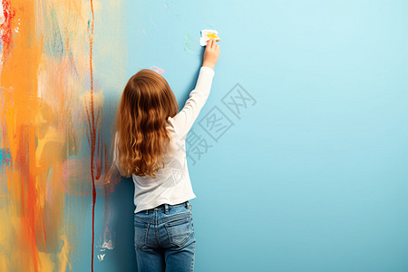 小女孩在墙上画画图片