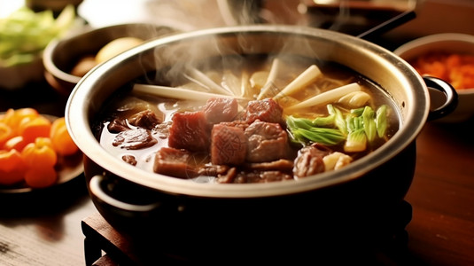 牛肉丸汤丰盛的火锅背景