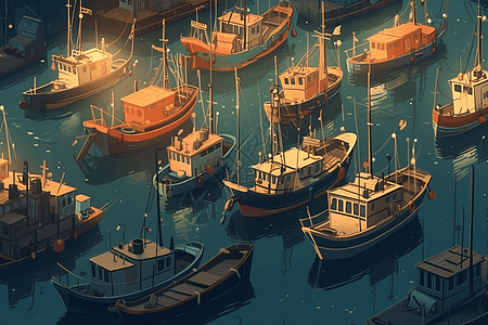 停靠在港口的一系列渔船背景图片
