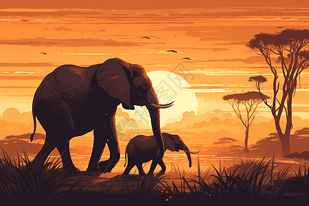 小象在热带草原背景图片