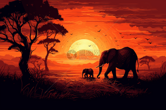 母象在热带草原图片
