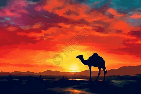 沙漠骆驼在日落下图片