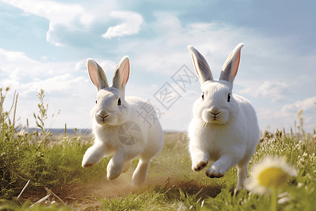 两只兔子一起在田野图片
