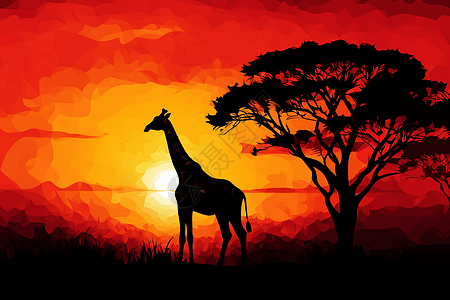 长颈鹿映衬着日落图片